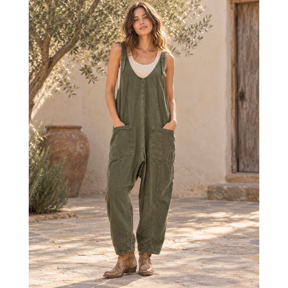 We The Free Women's Medium High Roller Jumpsuit Overalls Green Boho